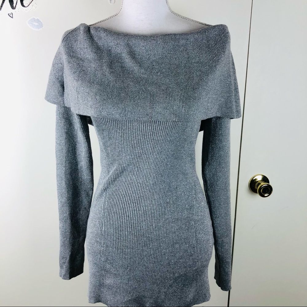 WHBM METALLIC SILVER DOME NECKLINE STRETCH TOP MED - Picture 2 of 9